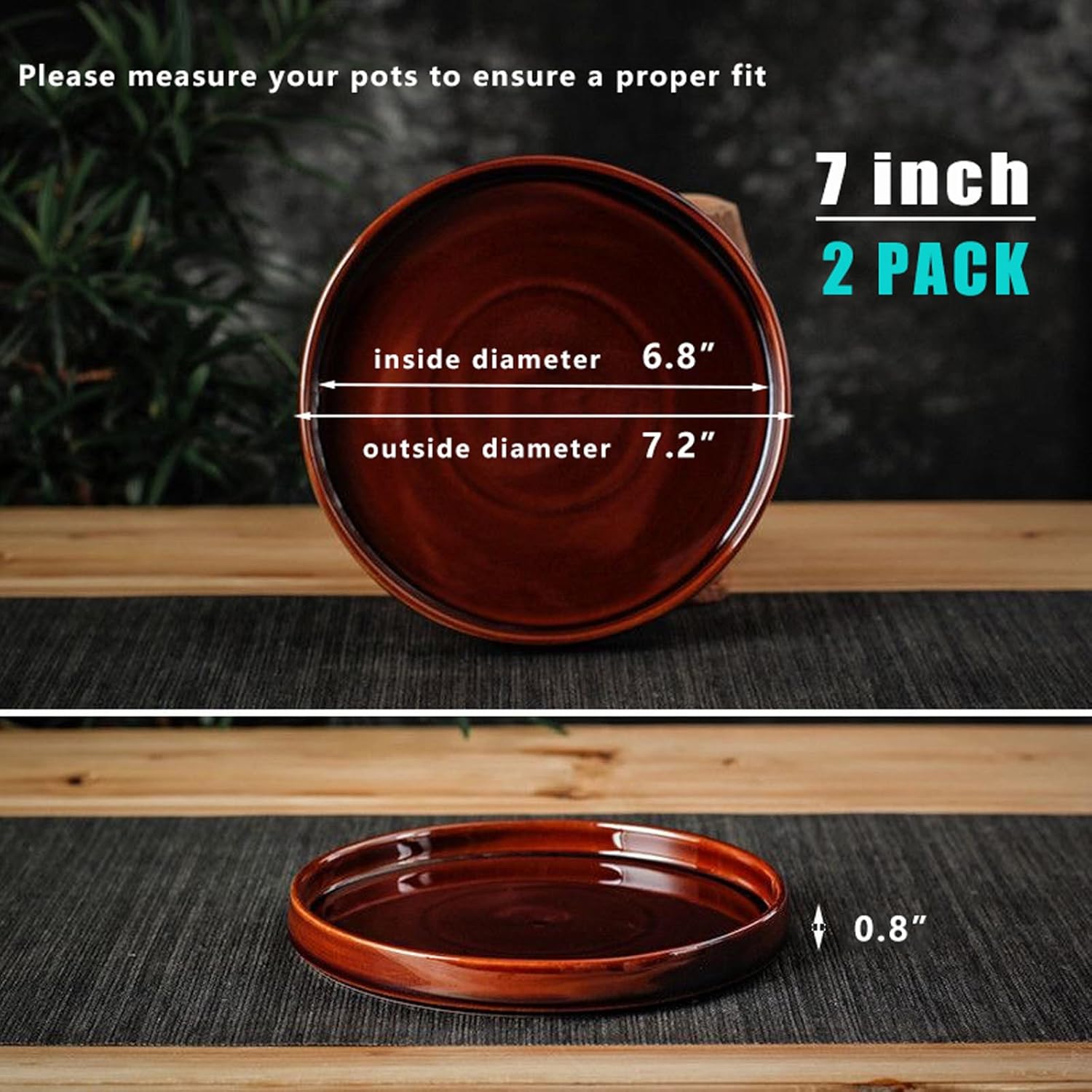 Ceramic Plant Saucer 7 Inch, 2 Pack Round Plant Trays for Indoors/Outdoors, Flower Pot Saucers for Holding Water Drips and Soil, Ceramic Drainage Tray for Plant Pot (Brown)