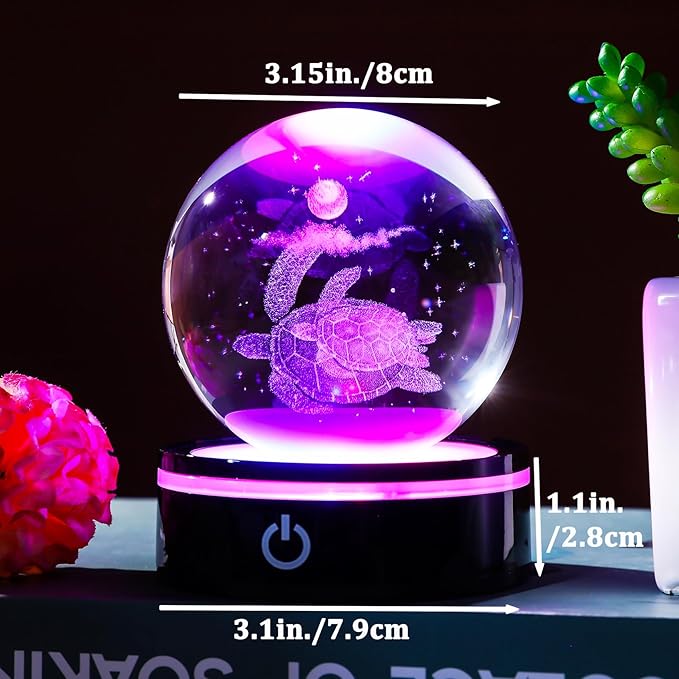YWHL 3D Sea Turtle Crystal Ball Figurine with LED Base Laser Sea Turtle Gifts for Women Men on Christmas Birthday Decorative Turtle Ball Sea Turtle Glass Globe Night Light for Home Decor (80mm)