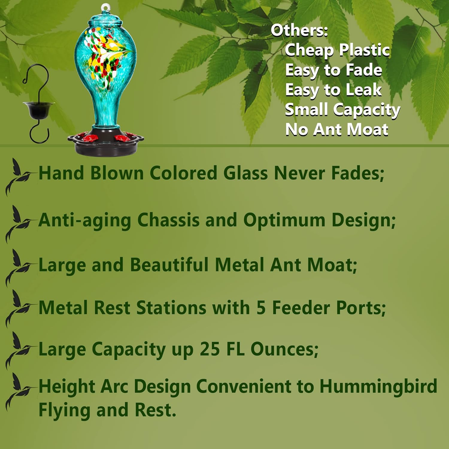LUJII Hummingbird Feeder for Outdoors, Hand Blown Glass Humming Bird Feeder, Anti Fade Leakproof with 25 Ounces Nectar Capacity, Easy to Install Clean Refill, Include Hook & Ant Moat (Teal)