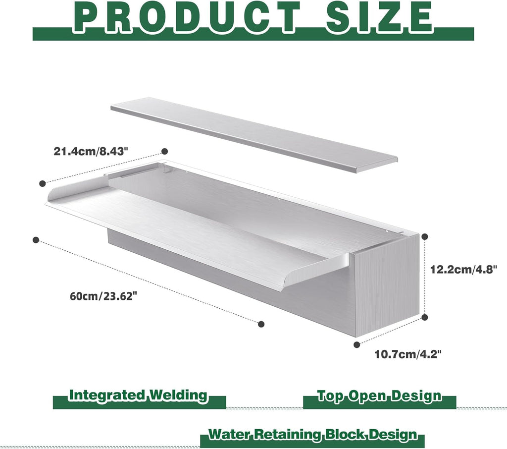 Waterfall Pool Fountain LONGRUNNEW 304 Stainless Steel 23.6" Rectangular Waterfall Spillway, Water Fall Fountain with Pipe Connector for Garden Outdoor, Swimming Pools, Fountains, Pond and Spa