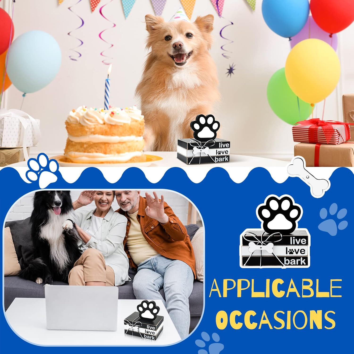 4 Pieces Dog Wooden Decor Dog Tiered Tray Decor Mini Wood Book Stacks Dog Decorative Books Wooden Book Rustic Farmhouse Decor Decorative with Tag for Tiered Tray Decor (Dog Paw)