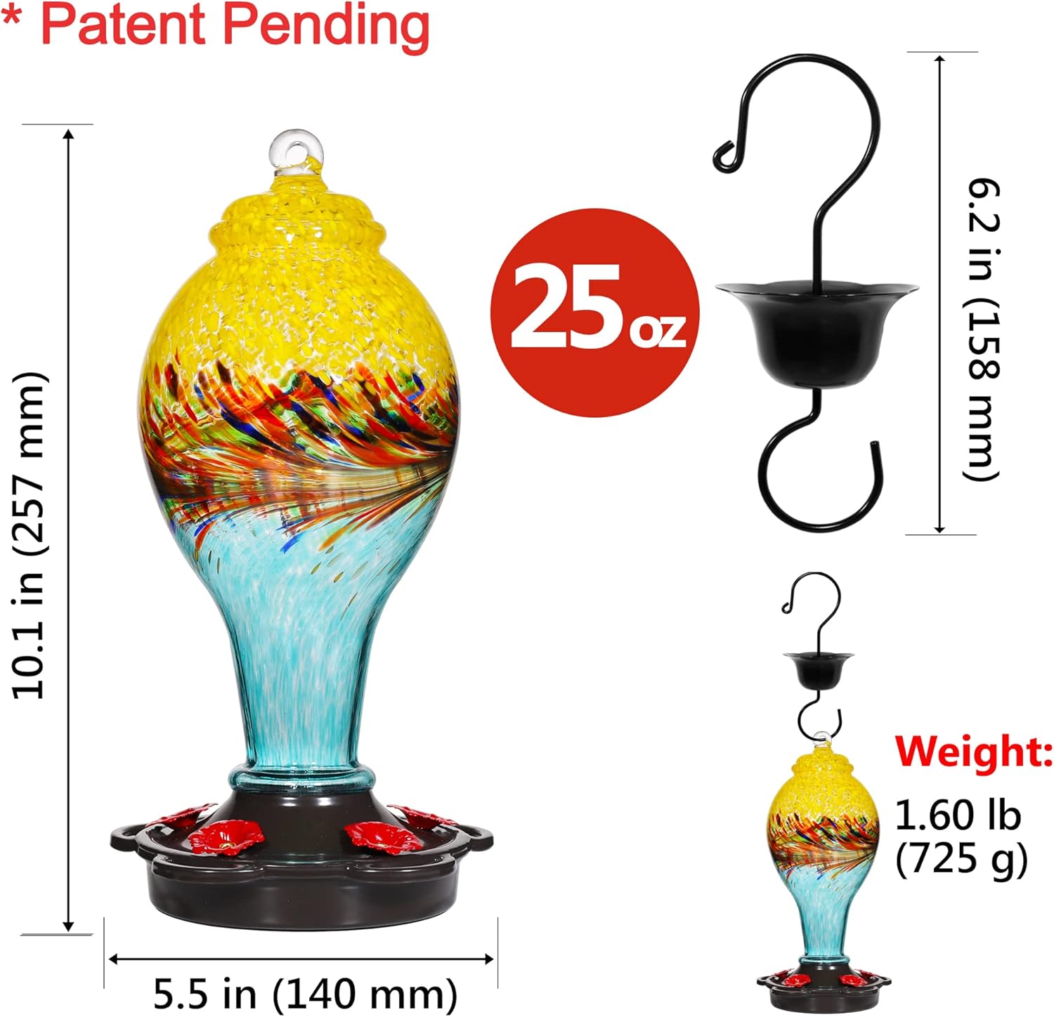 LUJII Hand Blown Glass Hummingbird Feeder for Outdoors with Ant Moat, Leak Proof & Rustproof, 25 fl.oz, Metal Base Cover with 5 Feeding Ports & Perches, Glass Art for Garden Decor (Blue Mixed Yellow)