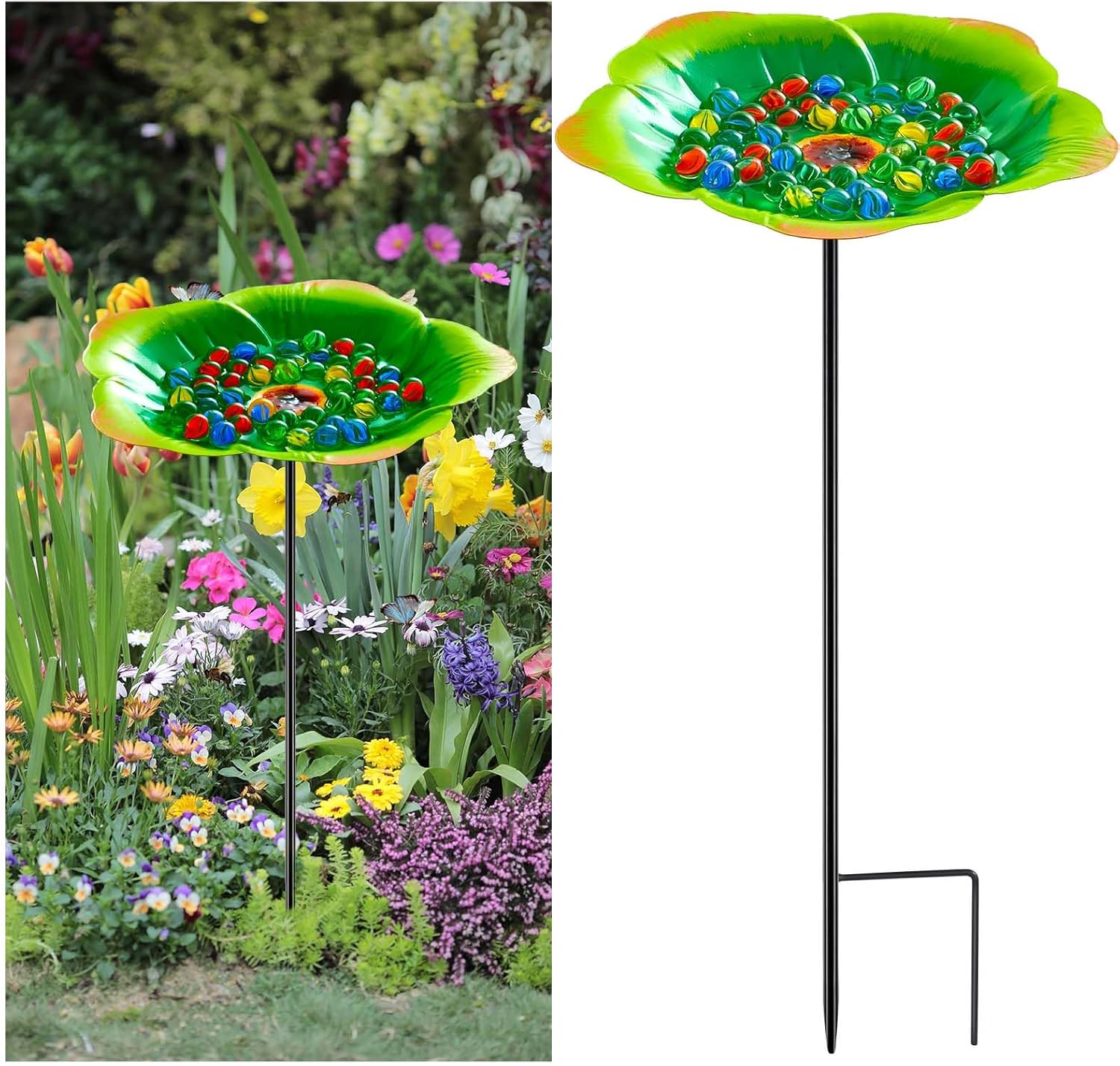 Tandefio Vivid Flower Bee Watering Station Metal Butterfly Water Feeder with 30 Colorful Glass Marbles Bee Feeder Butterfly Bath Bowl for Garden Outdoor Yard Decors(Green,Flower)