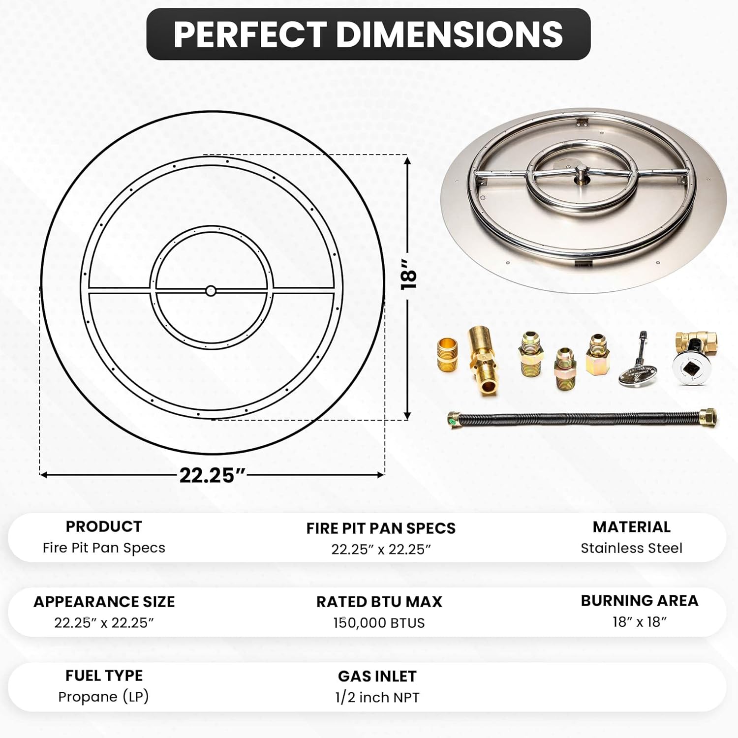 Fire Pit Burner Pan & Ring - Works with Liquid Propane - Stainless Steel Fire Pit Burner Kit 22-Inch Pan, 18-Inch Ring - 150,000 BTU Max