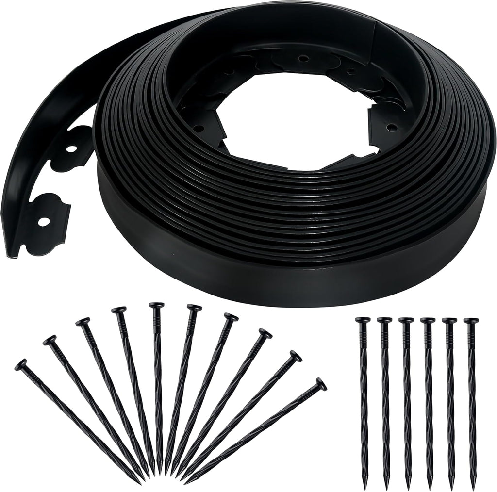 2 Inch x 50FT Landscape Edging Border with 45 Anchoring Spikes, No Dig Garden Border Edging Kit, Plastic Lawn Edging Border for Landscaping Garden Flower Beds Lawn Yard Paver Pathway, Black