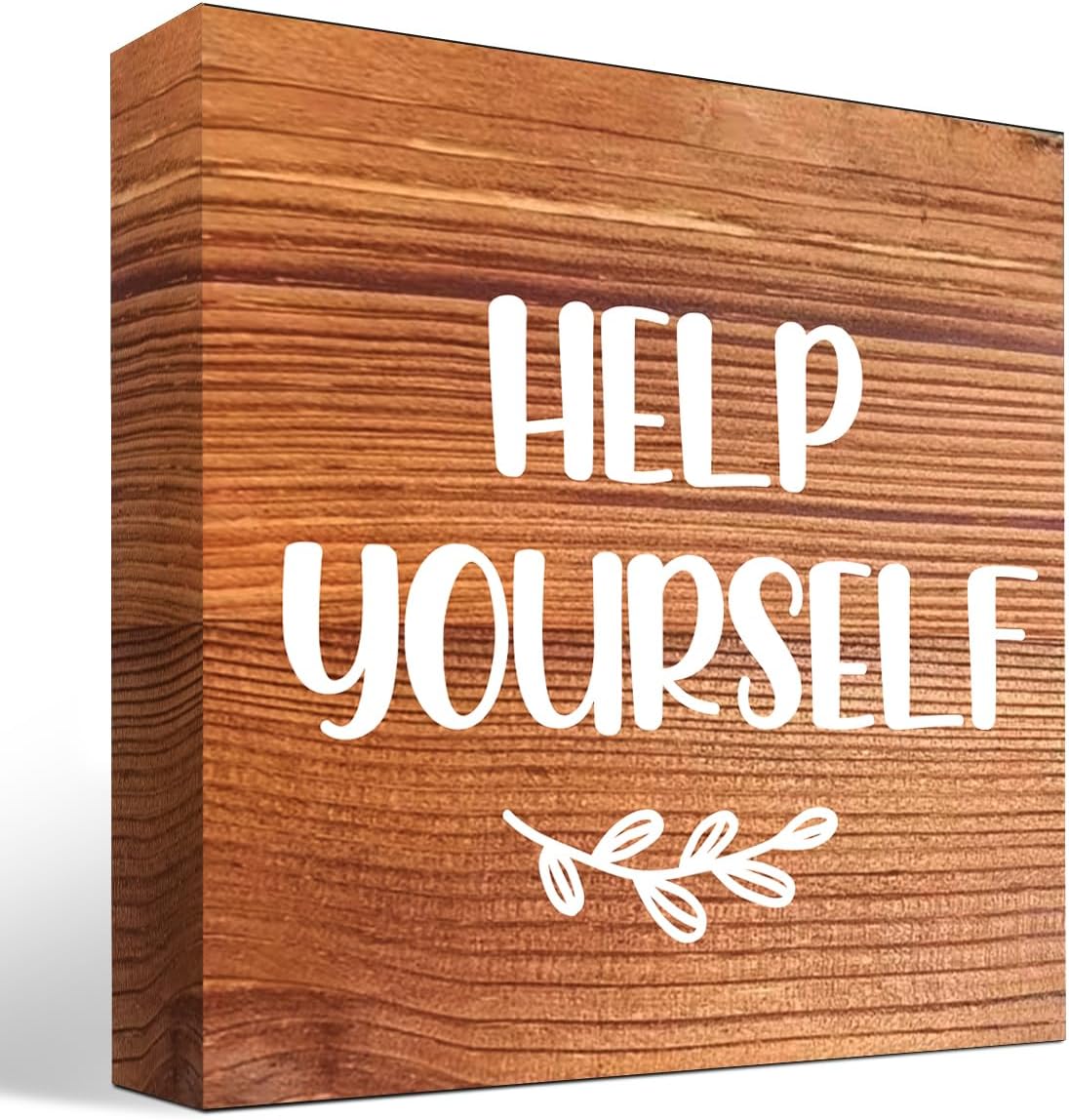 Help Yourself Brown Wood Block Sign Desk Decor,Rustic Wooden Box Plaque Sign for Home Bedroom Farmhouse Shelf Table Decor