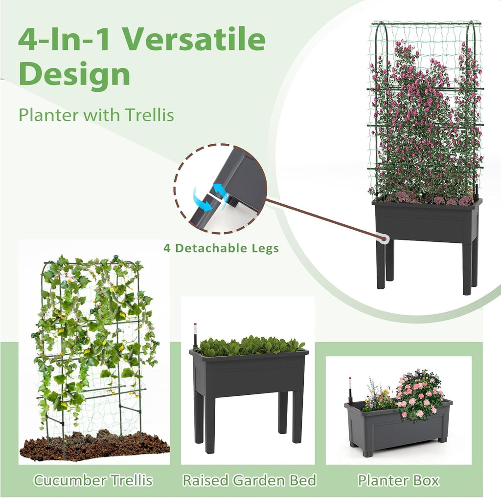 HAPPYGRILL 4-in-1 Raised Garden Bed with Climbing Trellis, Self-Watering Elevated Planter with Water Level Indicator, Drainage Hole, Outdoor Plastic Planter Box with 4 Detachable Legs for Garden Lawn
