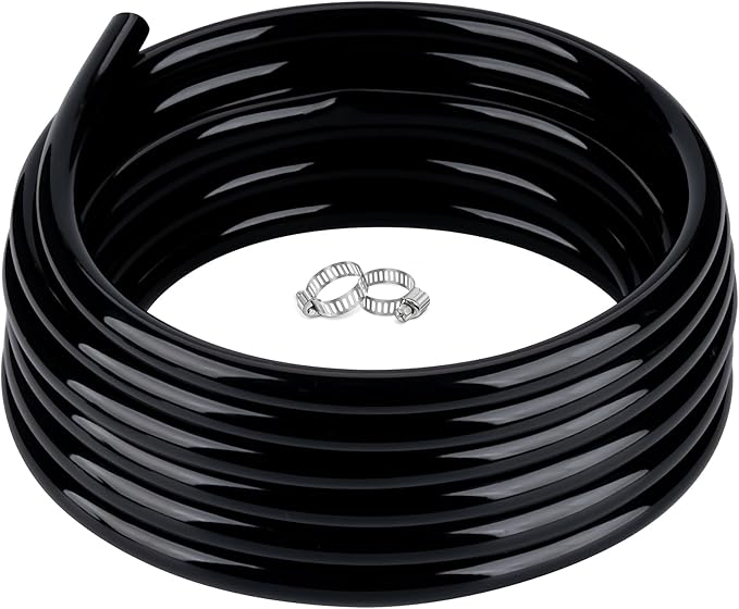 1" id - 50ft Black Vinyl Tubing Flexible PVC Tube Hybrid Hose Transfer Water Fuel Gas for Pond Fountain Garden Waterfall, Durable and Safe, with 2 Hose Clamps