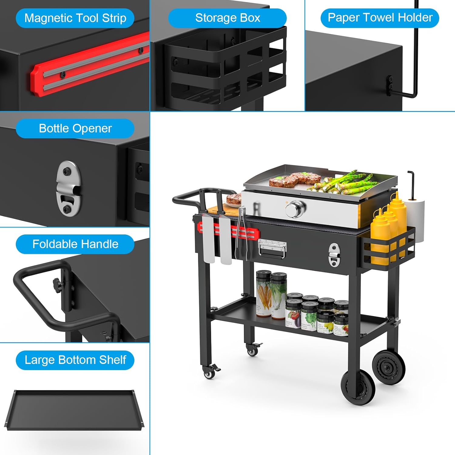 LS'BABQ Portable Outdoor Grill Table, Folding Stand for Blackstone 17"/22" Griddle, Camping BBQ Prep Cart for Ninja Grill, Large Space with Wheels