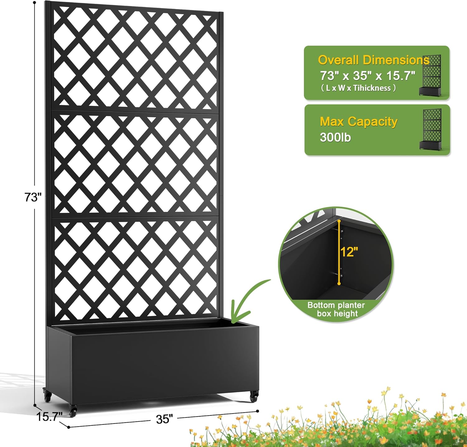 FENCY Metal Planter Box with Diamond Lattice Trellis Planter Box for Climbing Plants/Vines, Galvanized Raised Garden Bed On Wheels, Garden Bed with Trellis(73"x35" Black)