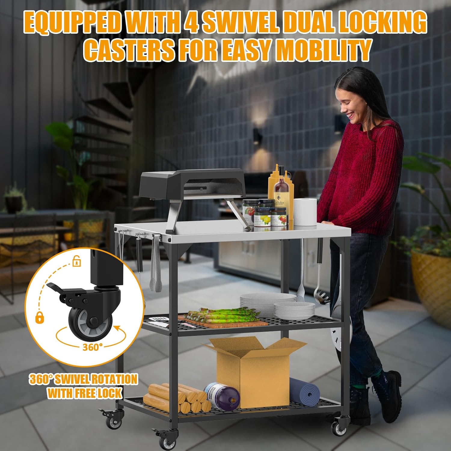 Outdoor Grill Cart,Pizza Oven Table with 4 Wheels,Three-Shelf Movable Dining Cart Table,BBQ Food Prep Work Table,Stainless Steel Flattop Grill Stand for Kitchen Backyard, with Waterproof Cover