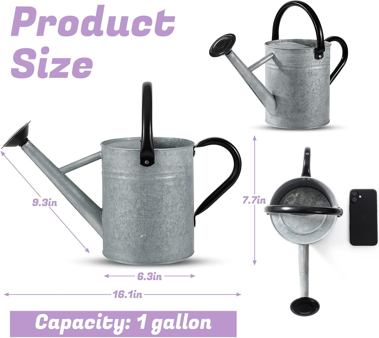 1 Gallon Watering Can for Plants, Watering Cans for Indoor&Outdoor Gardening, Galvanized Steel Watering Pot with Removable Spout, Metal Water Can with Ergonomic Movable Handle(Rustic Silver)