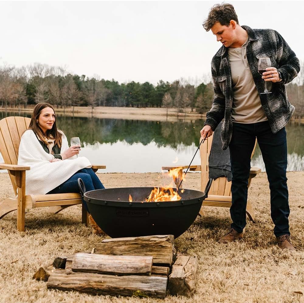 Ash & Ember 32in Hemisphere Fire Pit with Screen and Poker, Cast Iron High-Temperature Black Paint Fire Bowl, Wood Burning Backyard Fireplace, Portable Outdoor Firepit