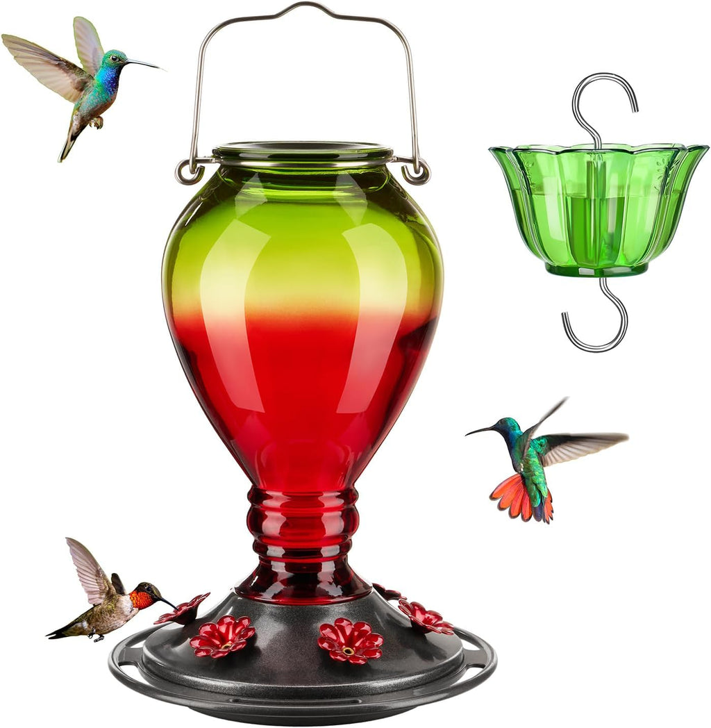 Kingsyard Glass Hummingbird Feeder - 6 Bee Guard Feeding Ports & Ant Moat, 24 oz Leak Proof, Wild Bird Feeder for Outdoors Hanging, Easy to Clean & Refill, Garden Yard Decor, Red & Green