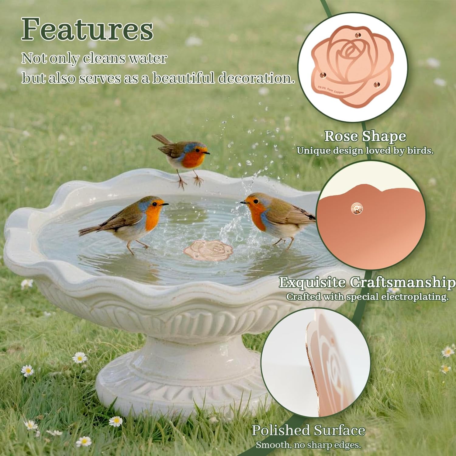 Bird Bath Copper Disk,Bird Bath Purification Disk 0.6mm Reinforced 99.99% Pure Copper Cleaning Disk with 3-Point Support,Fits Outdoor Birdbath & Bowl,Provide Safe Clean Water,Rose-2Pcs