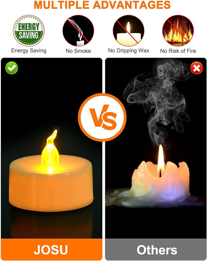 JOSU LED Tea Lights Candles [24 Pack] Flameless Candles, Realistic Battery Operated Candle, Flickering Bright Tealights with Warm Yellow Light for Party, Wedding, Valentine's Day