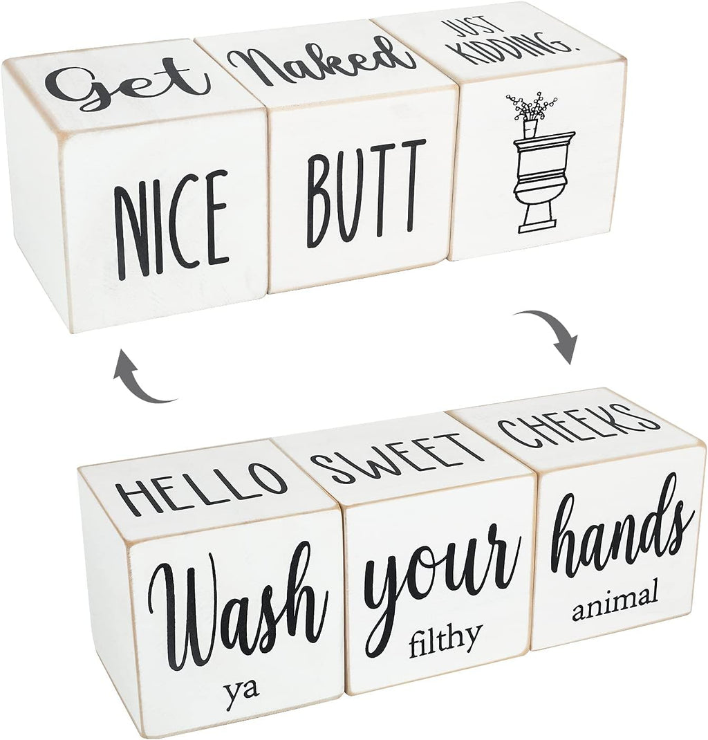 Funny Farmhouse Bathroom Decor and Accessories for Shelf, 4-Sided Wooden Blocks - Nice Butt&Get Naked&Hello Sweet Cheeks&Wash Your Hands Sign, Modern Rustic Restroom Decorations, White 2.8"