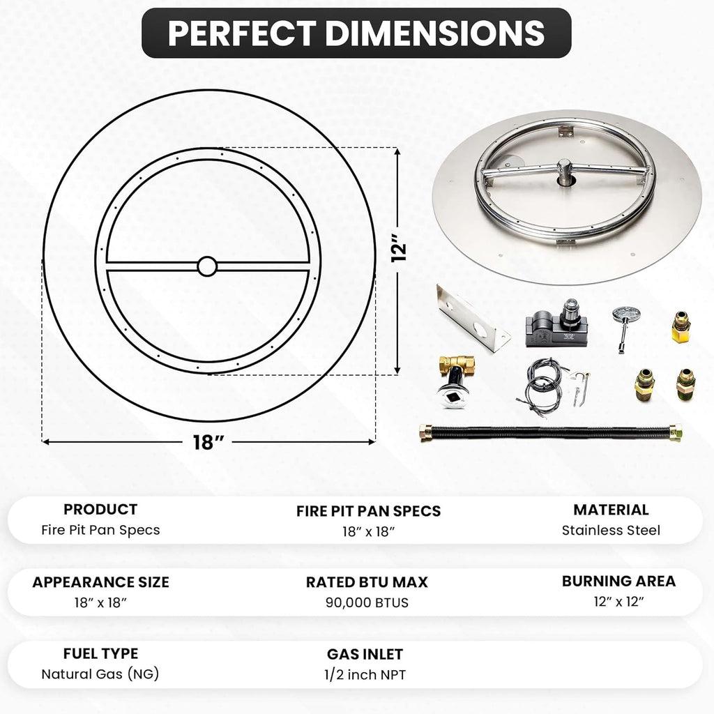 Stainless Steel Fire Pit Burner Pan & Ring Standard Kit with Spark Ignition for Natural Gas, 18-Inch Pan, 12-Inch Ring, 90,000 BTU Max