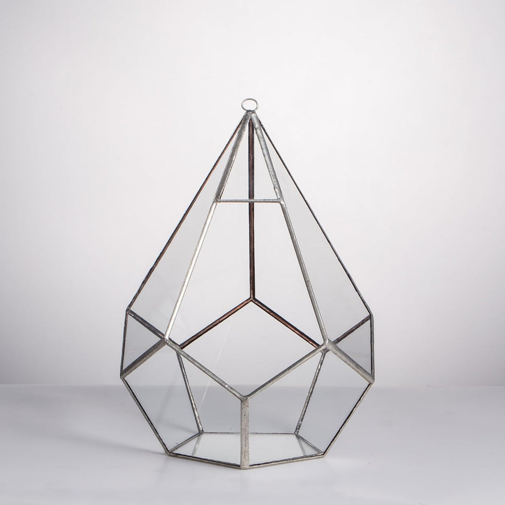 NCYP Silver Hanging Glass Geometric Terrarium, 6.8 x 6.8 x 8.6 Inches Teardrops Shape Display Planter for Succulent Air Plants, Indoor Decor Flower Holder, Handmade (NO Plants)