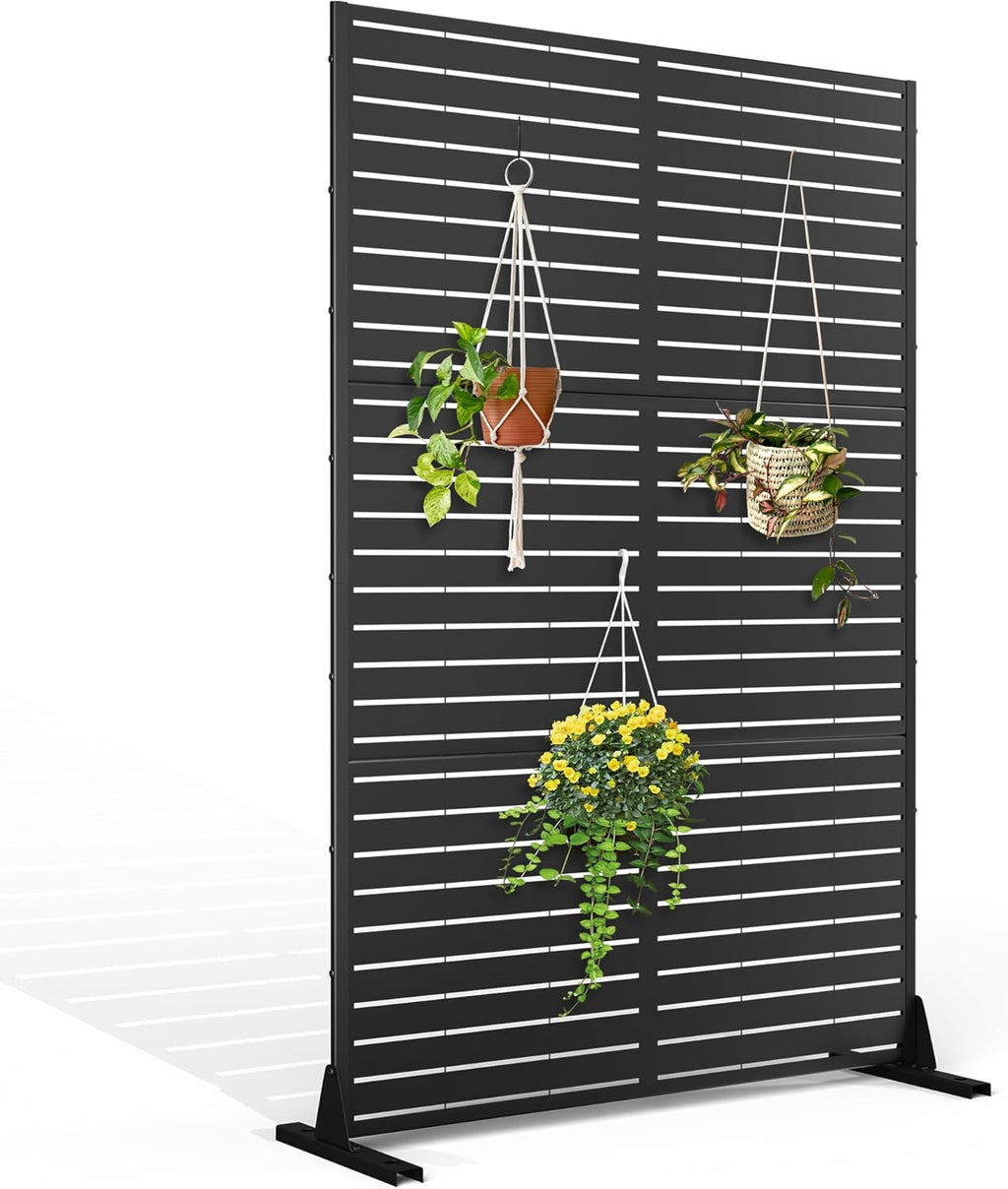 Metal Privacy Screen with Stand 72" H×47" W Outdoor Freestanding Privacy Screen & Panels, Outdoor Privacy Screen for Deck Patio Balcony(Black-Louvered)