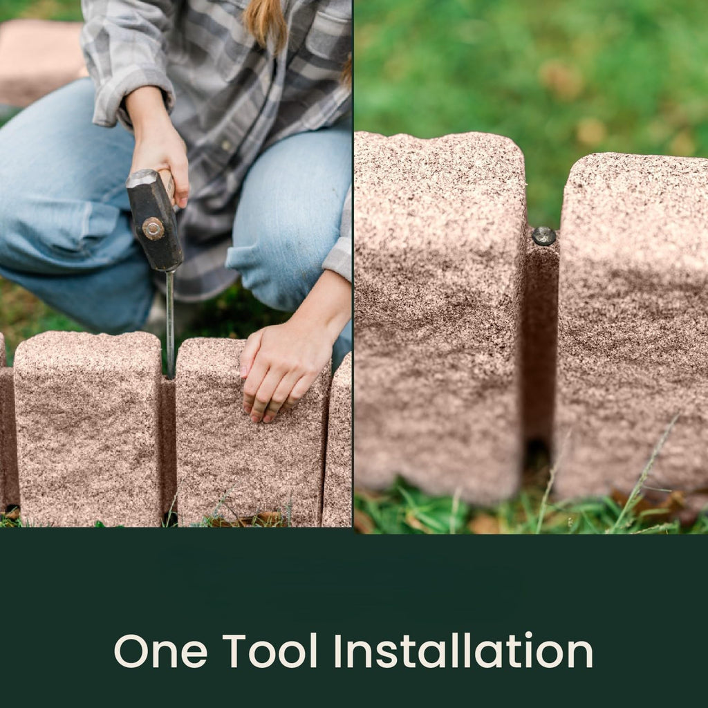 Beuta Landscape Edging | Garden Edging Border | Faux Stone Block XL for Lawn Edging, Flower Beds & Yard Edging – 10 Pack | Each Section Has 6 Blocks 48" L x 4" W x 9.5" H | 30 Spikes | Sandstone