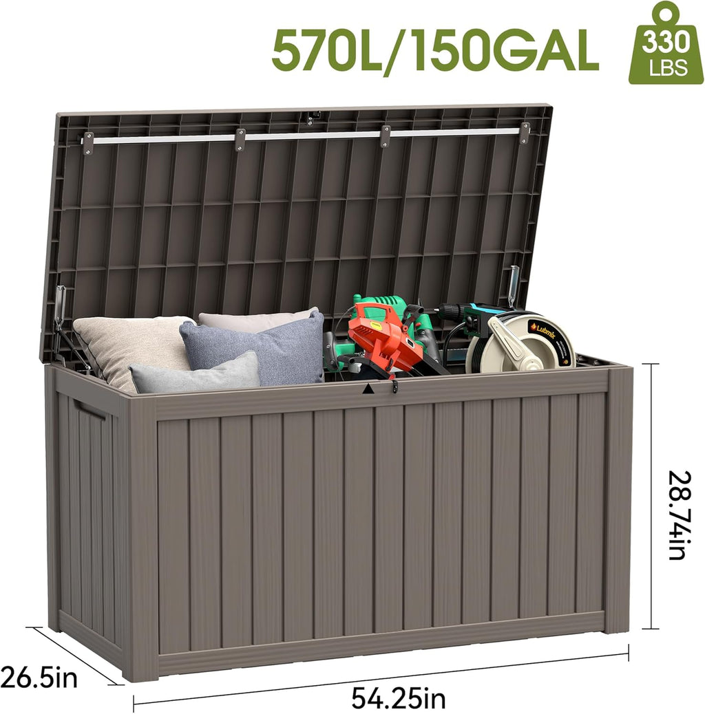 NUNU LAB 150 Gallon Outdoor Storage Box,Resin Large Sturdy Deck Box, Backyard Outside Storage Box Waterproof with Double Wall Panels,Package Delivery,Garden Outdoor Hose Bin