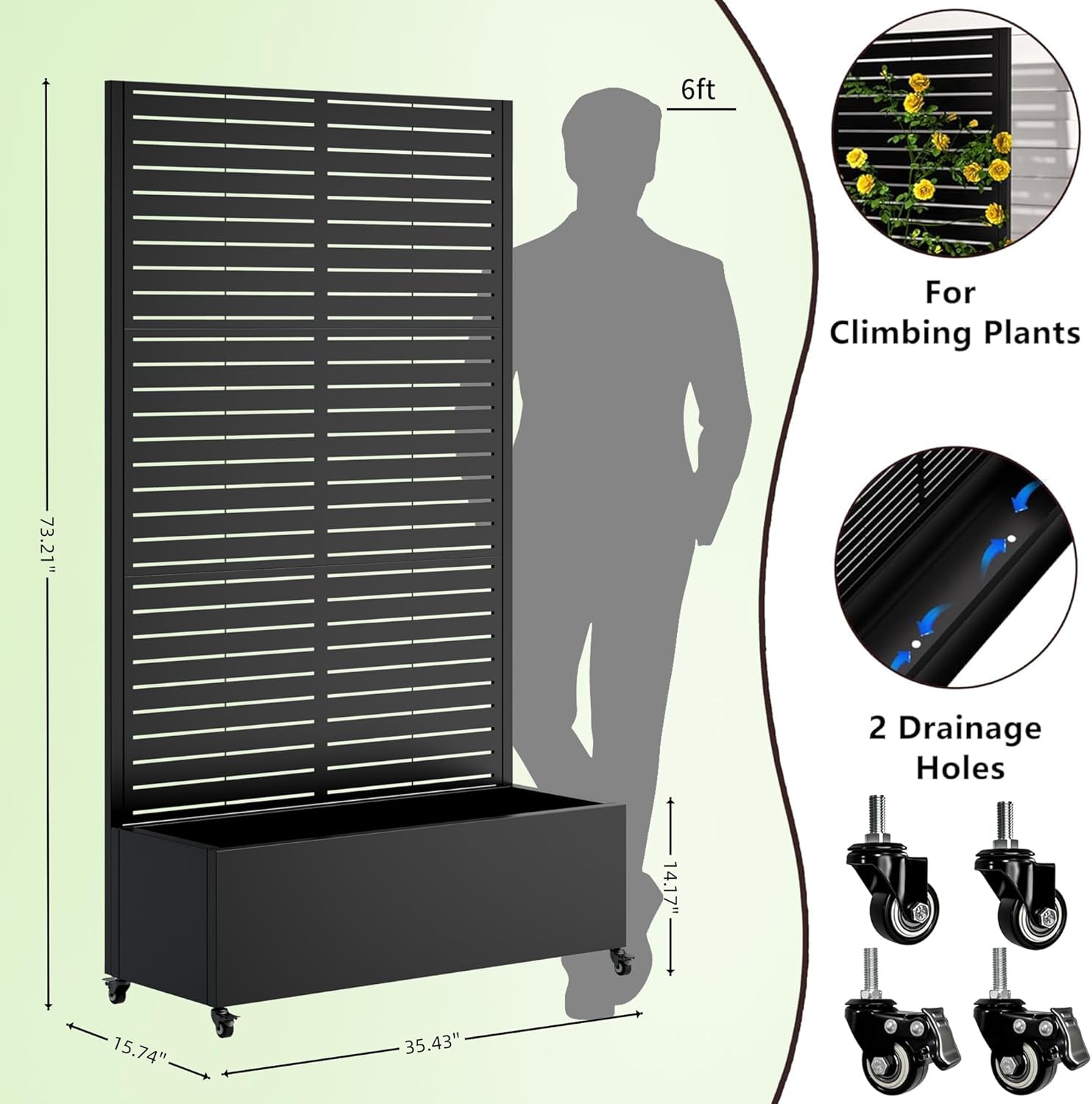 Metal Planter Box with Trellis and Wheels, 73"x35"x16" Galvanized Steel Raised Garden Bed with Drainage Holes and Privacy Screen Function for Climbing Plants, Vegetables, Flowers, and Vines–Black