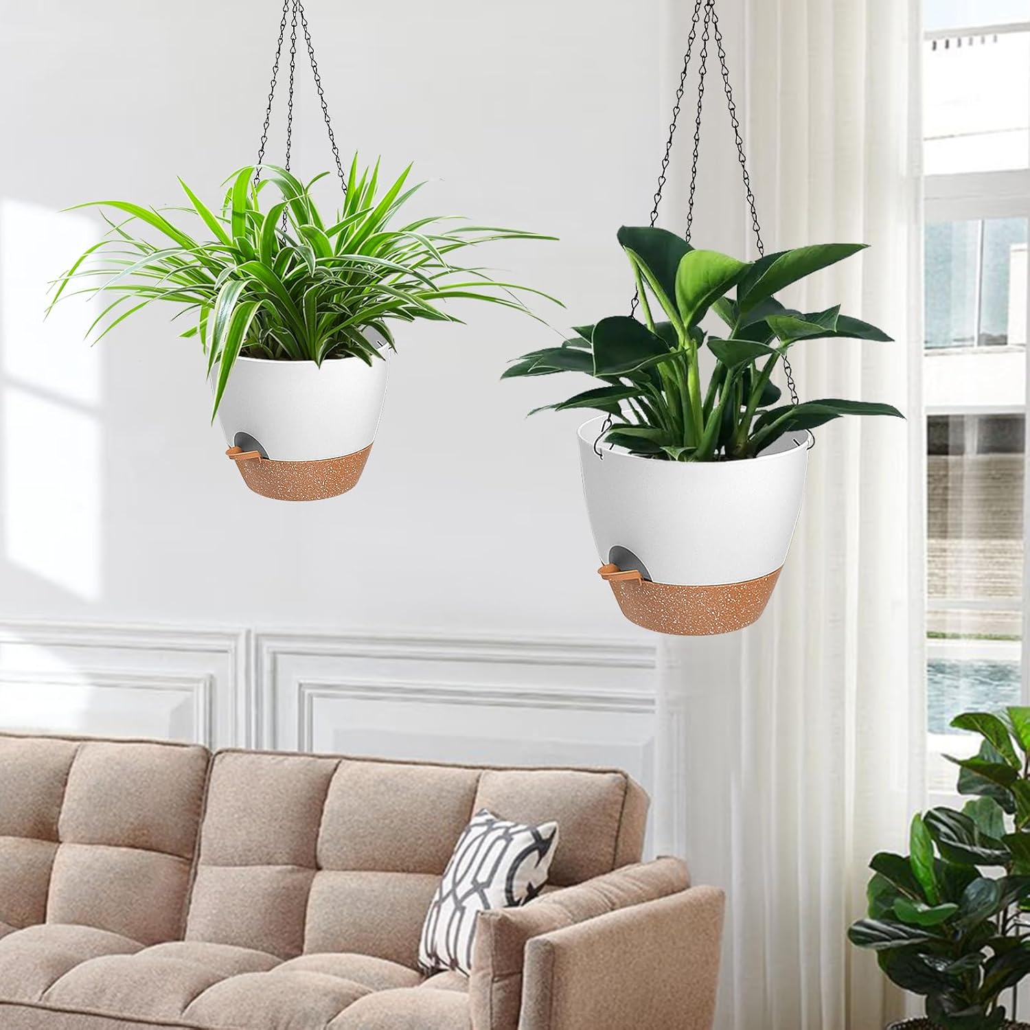 3 Pack Hanging Planter Indoor Outdoor Flower Pots 7/6.5/5 Inch, Self-Watering Hanging Pot with Drainage Holes Hanging Baskets Holder Plant Pots for Garden (White)