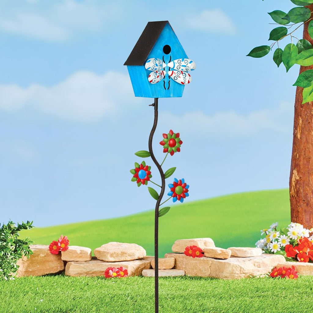 51” Bird Houses Stake for Outside, Metal Wild Bird Feeder Birdhouse Stake Pole with Dragonfly Design Outdoor Decorations for Patio, Backyard, Garden