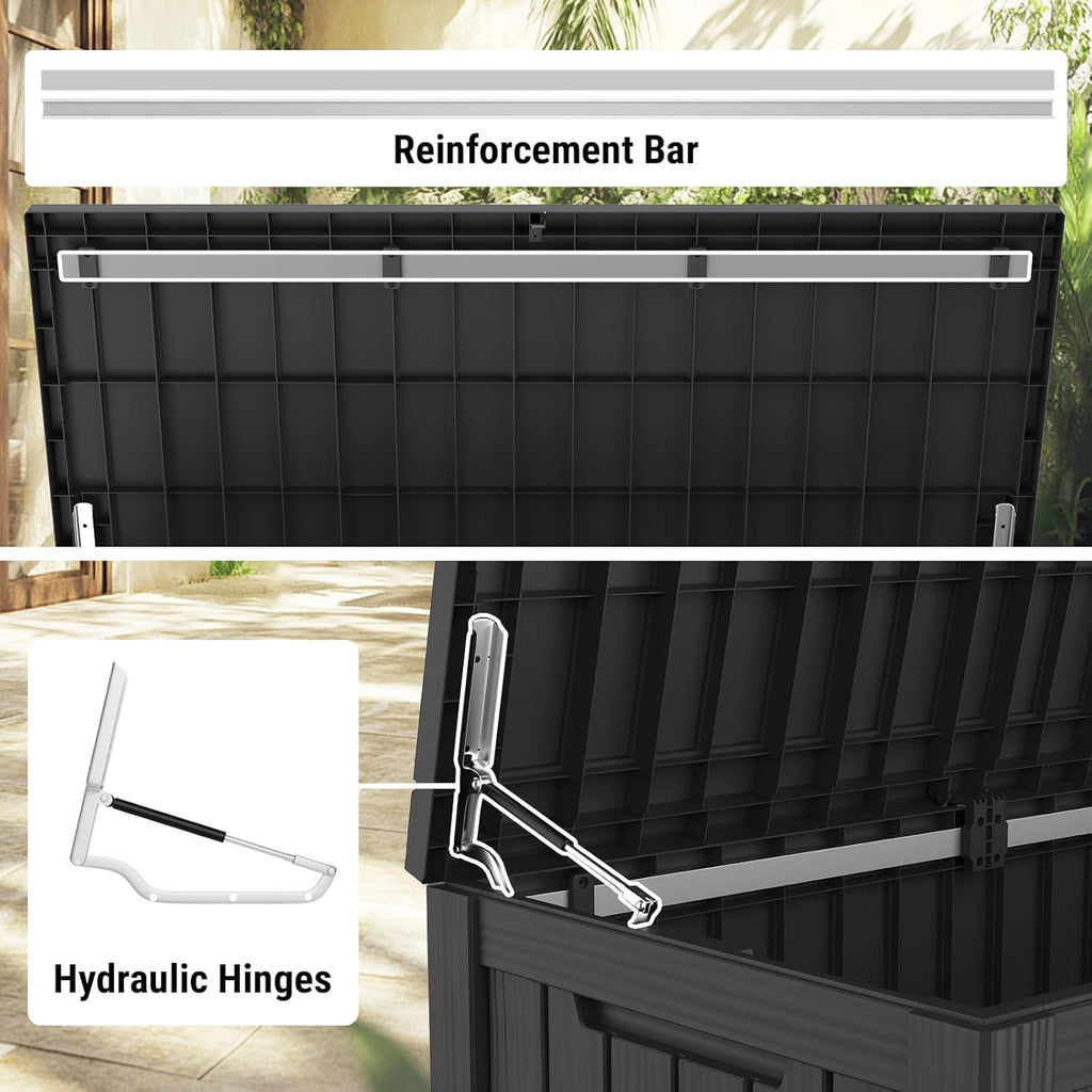 Mars Villa 150 Gallon Outdoor Storage Box, Large Resin Deck Box Waterproof, for Pool Supplies Storage, Outdoor Patio Furniture Cushions, with Hydraulic Hinge, UV-Resistant and Weatherproof, Black