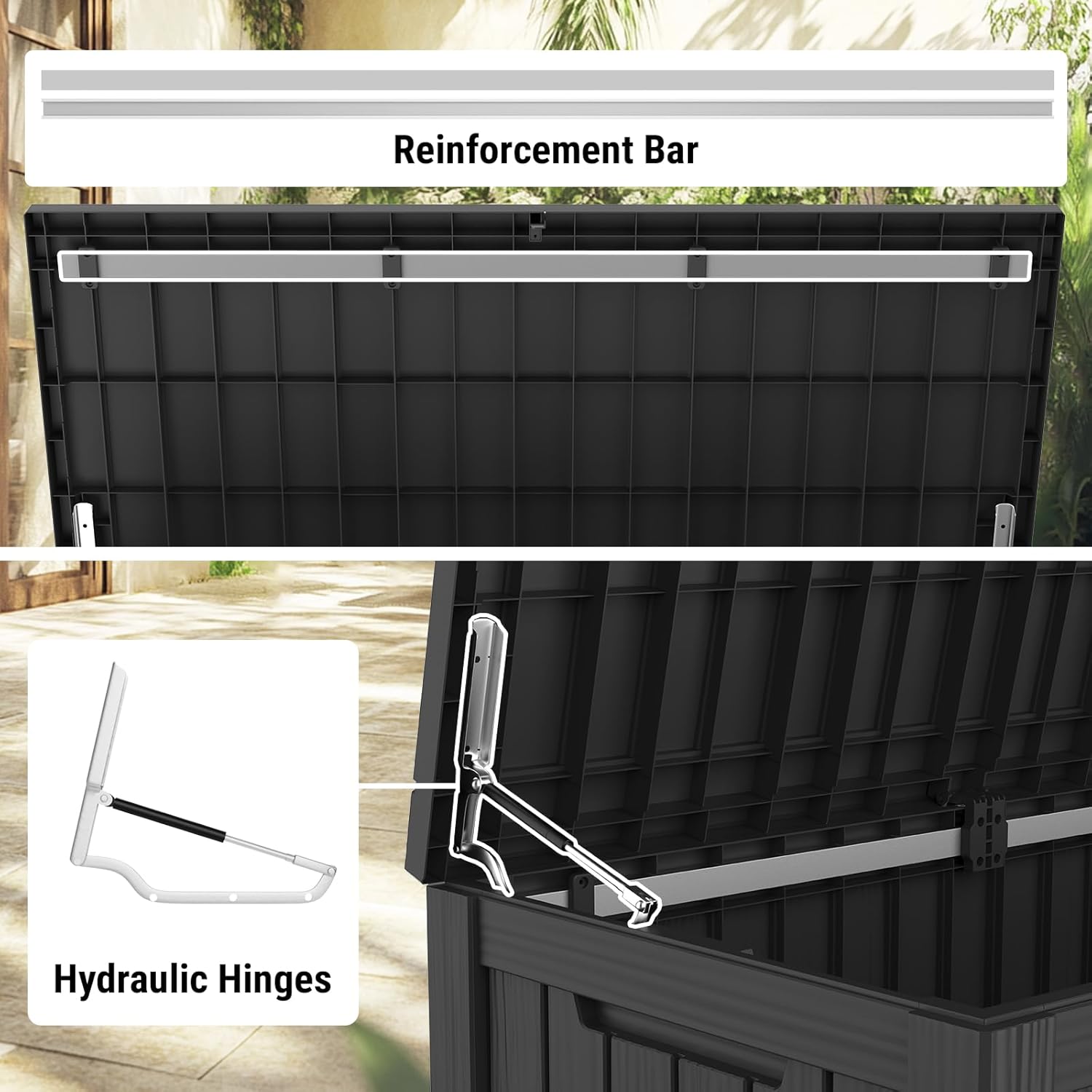Mars Villa 150 Gallon Outdoor Storage Box, Large Resin Deck Box Waterproof, for Pool Supplies Storage, Outdoor Patio Furniture Cushions, with Hydraulic Hinge, UV-Resistant and Weatherproof, Black