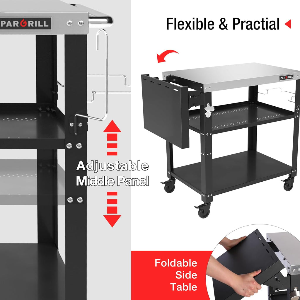 46.6" L x 20" W Three-Shelf Outdoor Grill Table, 4 Swivel Casters with Brake, Movable Outdoor Prep Table with Foldable Side Table, Stainless Steel Pizza Oven Table, BBQ Grilling Table