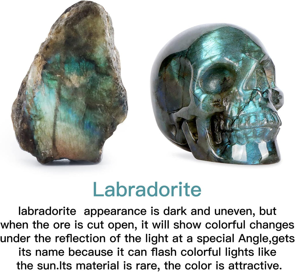 3" Labradorite Crystal Skull Figurine Decor Healing Stones Carved Luminous Stone Skull Head Statue Sculpture Ornaments