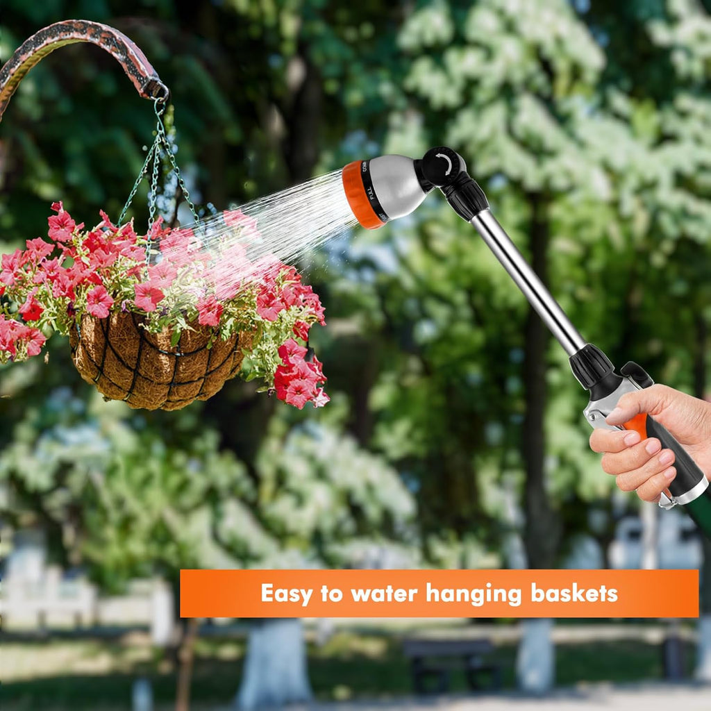 RESTMO Metal Watering Wand, Heavy Duty Garden Hose Wand with 180° Swivel Ratcheting Head, 16'' Hose Nozzle Sprayer with 7 Spray Patterns and Flow Control, for Water Hanging Baskets and Shrubs, Orange