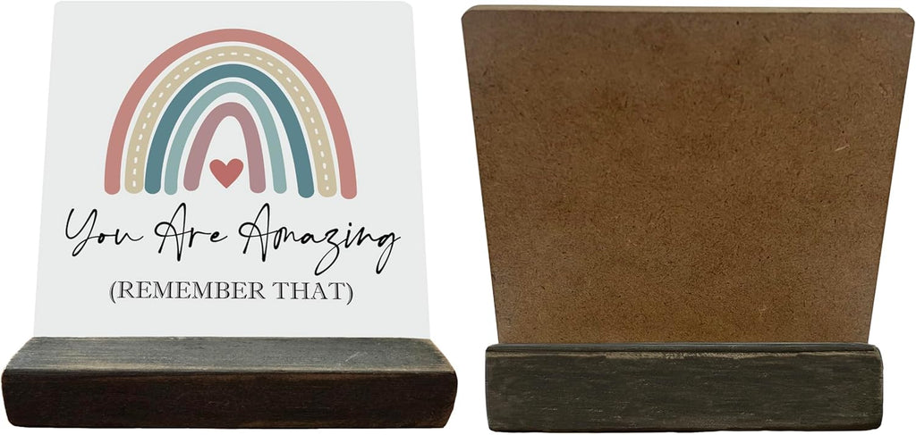 Primitive Wooden Sign, You are Amazing Remember That, Desk Plaque with Wooden Stand 4 x 4.3 inches, Rustic Home Decor, Farmhouse Sign, Inspirational Quotes Gifts for Friend Family, Cheer Up Gift A