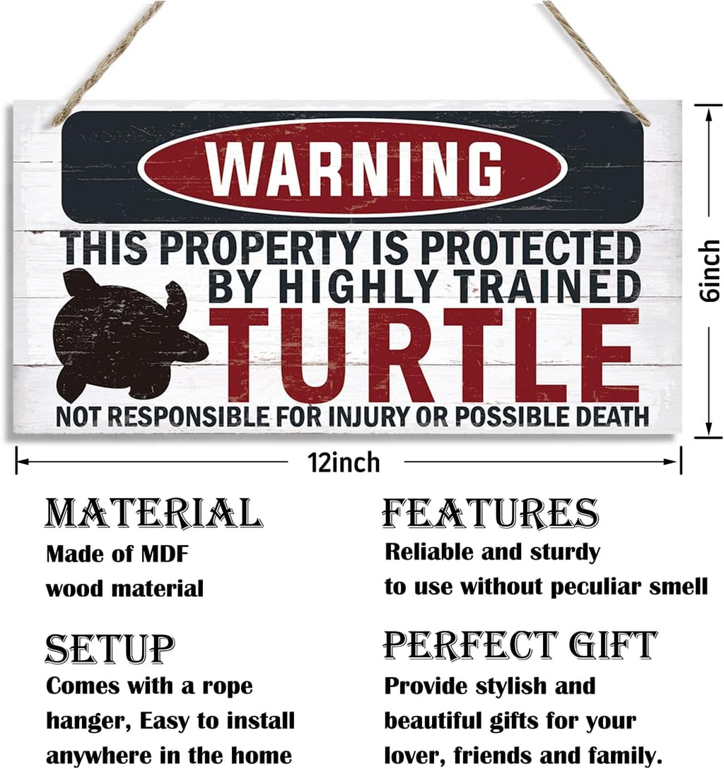Funny Warning Signs, The Property is Protected By Highly Trained Turtle Sign, Decorative Wood Hanging Wood Plaque, House Door Sign, Farmhouse Wall Decor for Home Office, Indoor/Outdoor Use