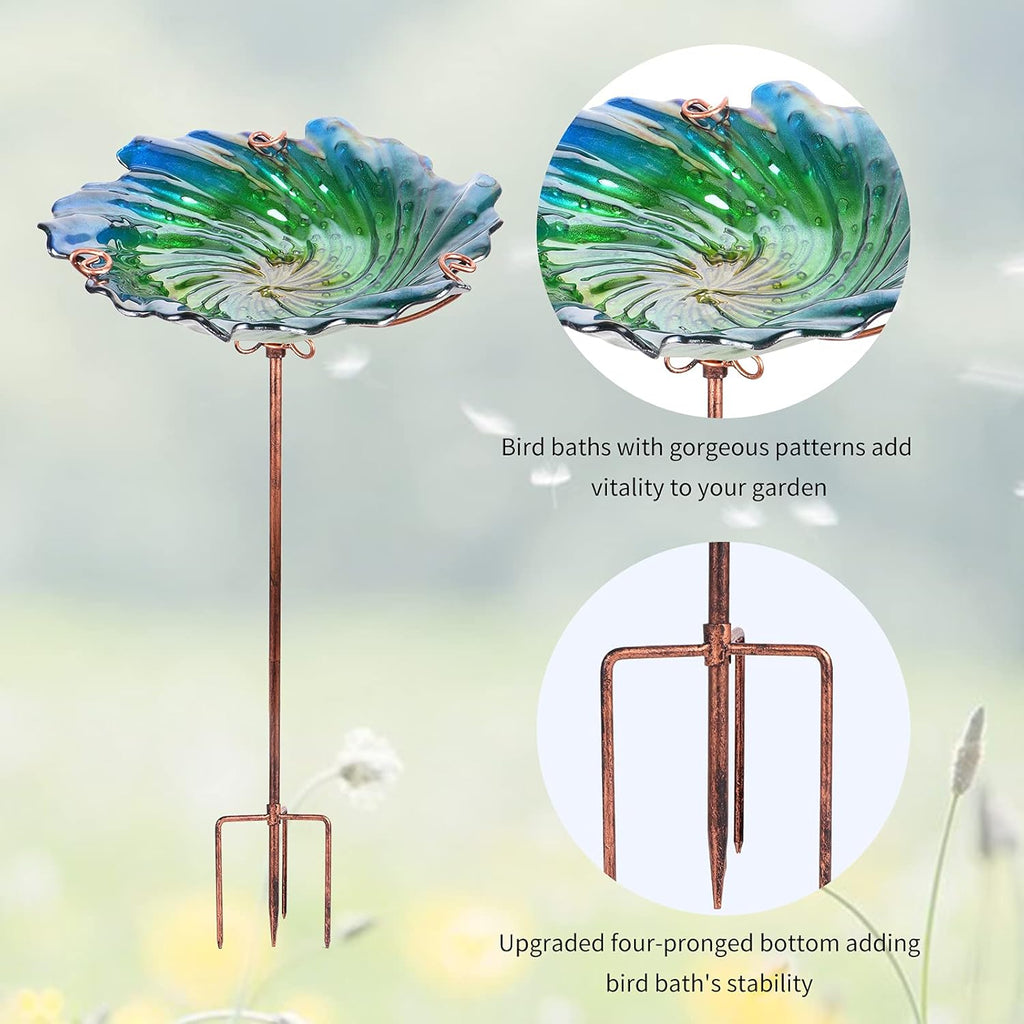 Glass Bird Bath Outdoor Birdbaths Garden Birdfeeder with Metal Stake Green(Height:26inch)