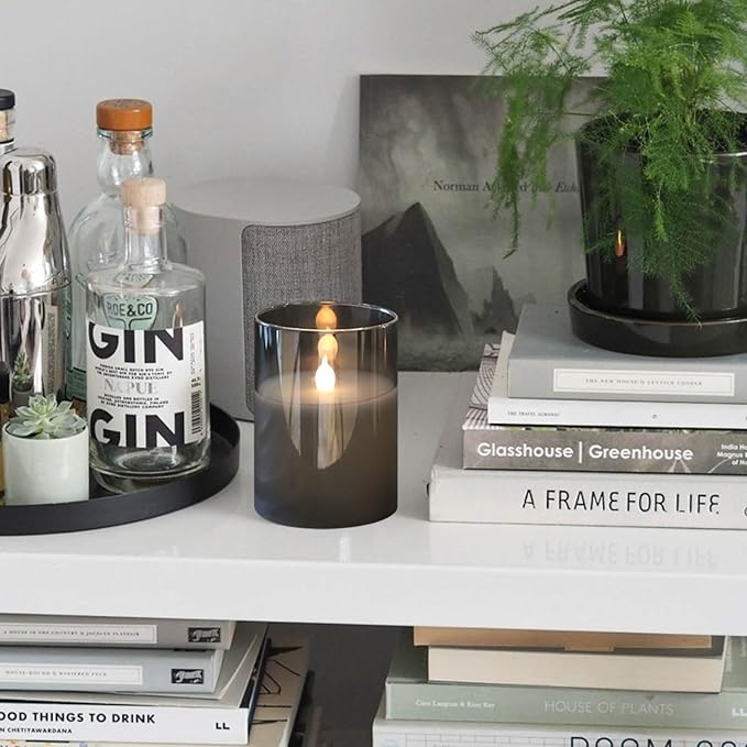 LED Flickering Candles with Remote Timer,Glass Flamless Pillar Candles Real Wax with 3D Wick Realistic,Warmth Decoration for Wedding Home Festival (Grey)