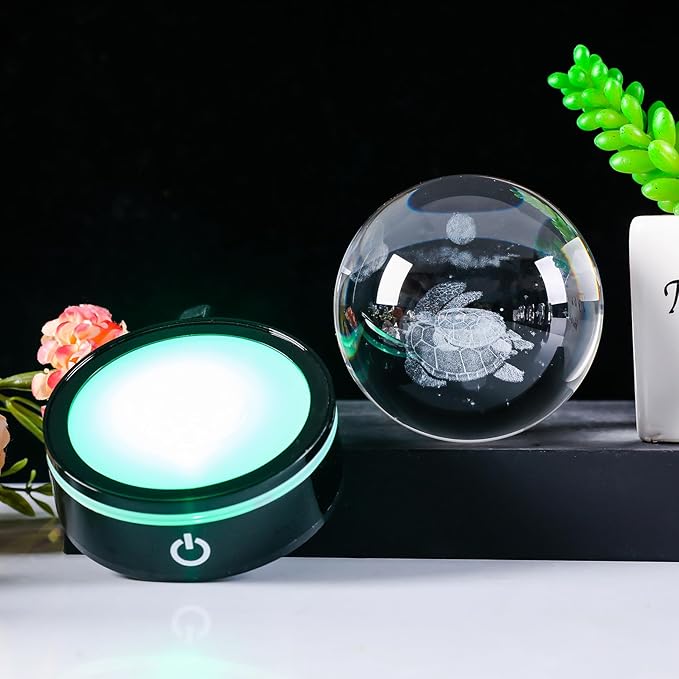 YWHL 3D Sea Turtle Crystal Ball Figurine with LED Base Laser Sea Turtle Gifts for Women Men on Christmas Birthday Decorative Turtle Ball Sea Turtle Glass Globe Night Light for Home Decor (80mm)