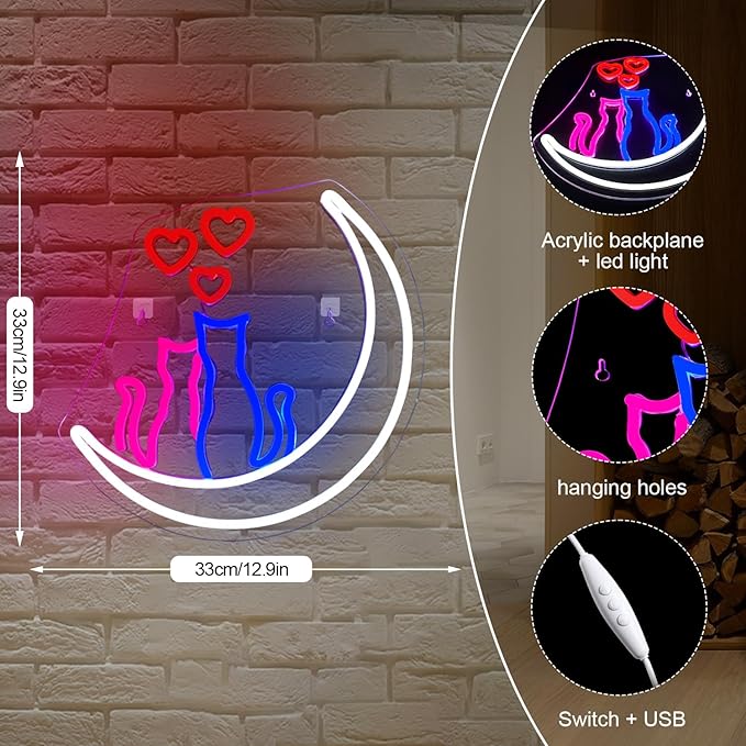 Two Cats on Moon Neon Sign,Cute Couple Kittys Neon Lights for Wall Decor,Kawaii Animal 3D LED Neon,USB Light Up Signs for Girls Bedroom Bar Home Party Valentine's Day Cat Lovers Weddings