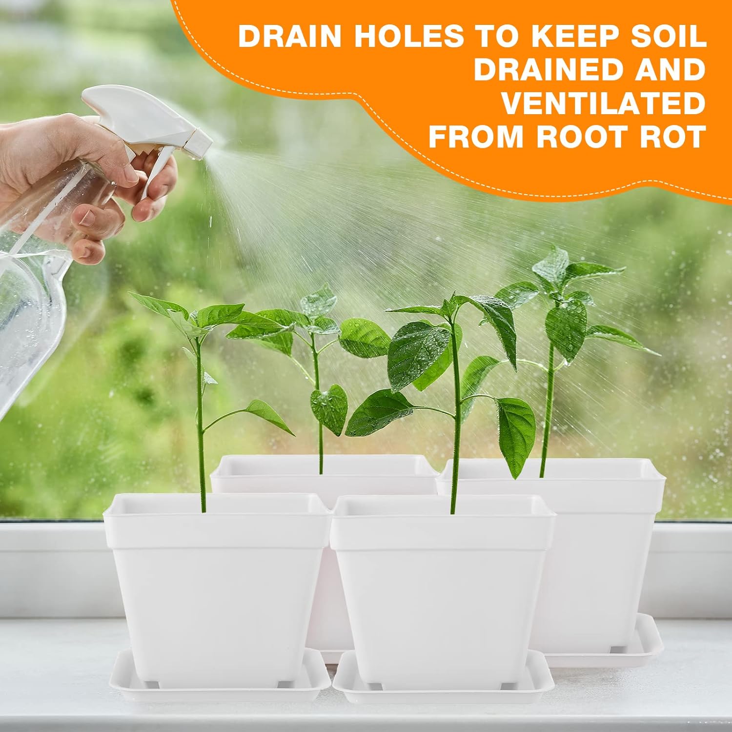 100 Pieces 4 Inch Flower Pots Square Plants Nursery Pot Plastic Plant Seedling Pots Nursery Transplanting Planter Container with Saucer for Indoor Herbs Succulents Balcony Garden Office (White)