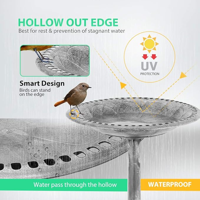 VIVOHOME 28 Inch Height Polyresin Lightweight Antique Outdoor Garden Bird Bath Gray