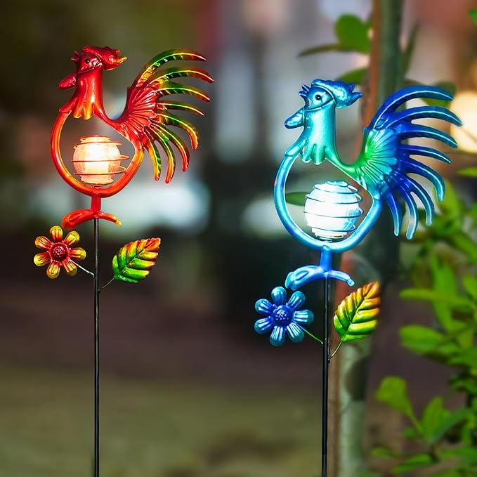 Rooster Solar Garden Lights, 2 Pack Metal Solar Stake Light, 27" H Outdoor Chicken Statues Figurine Lights for Spring Garden Lawn Patio Yard Decoration