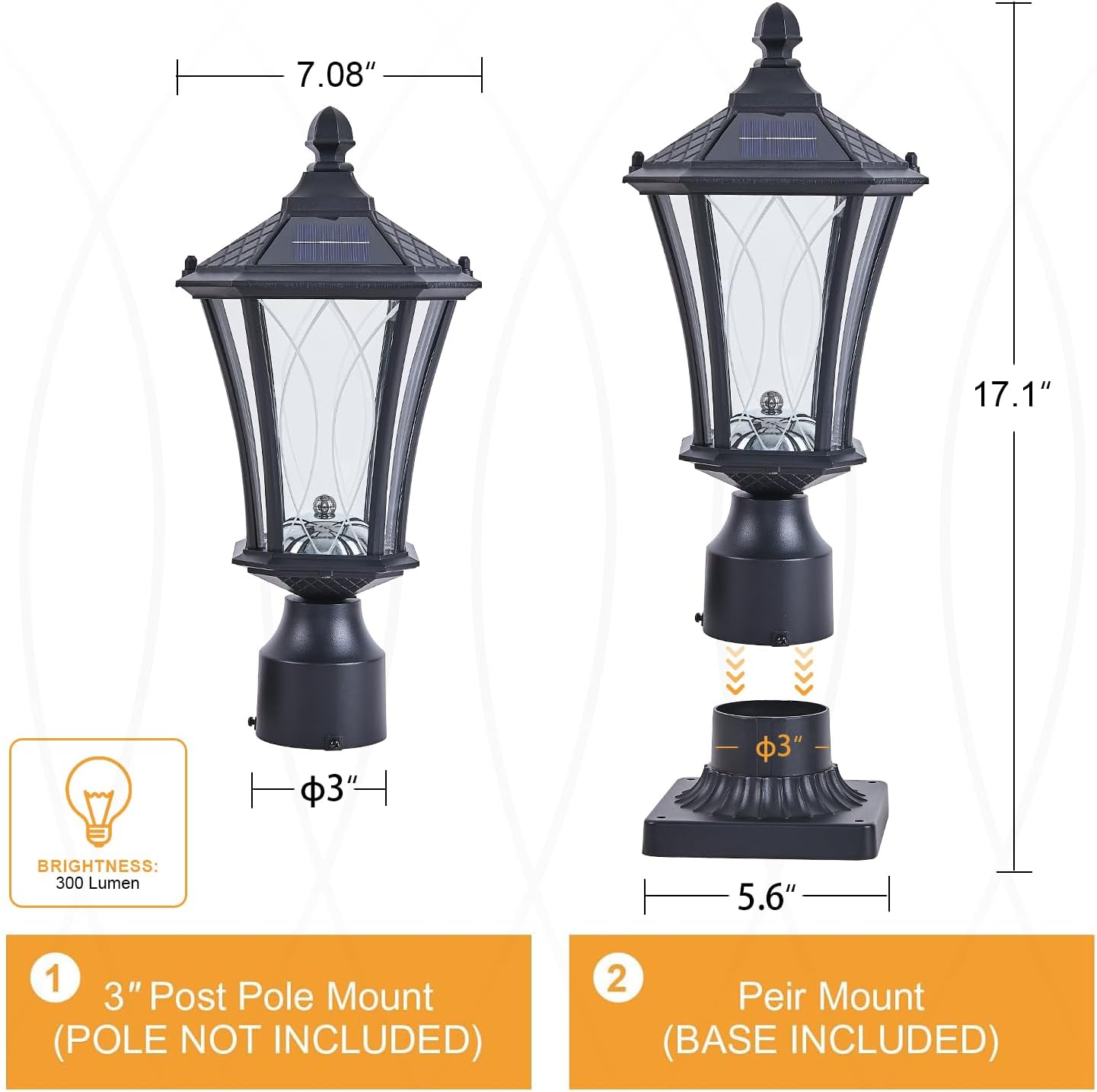 2 Pack Solar Lamp Post Lights with Pier Mount Base, Dusk to Dawn Outdoor Pillar Lights with Patterned Glass, Waterproof Exterior Pole Lamps Head for Driveway, Patio, Garden, Black
