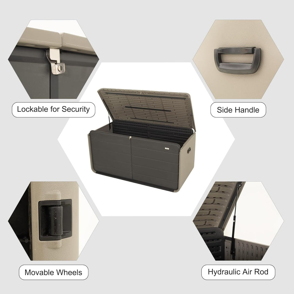 Domi 200 Gallon Resin Deck Box, Waterproof & UV-Resistant Outdoor Large Storage Box Lockable Storage Bin for Patio Cushions Pool Supplies Garden Tools and Delivery Storage