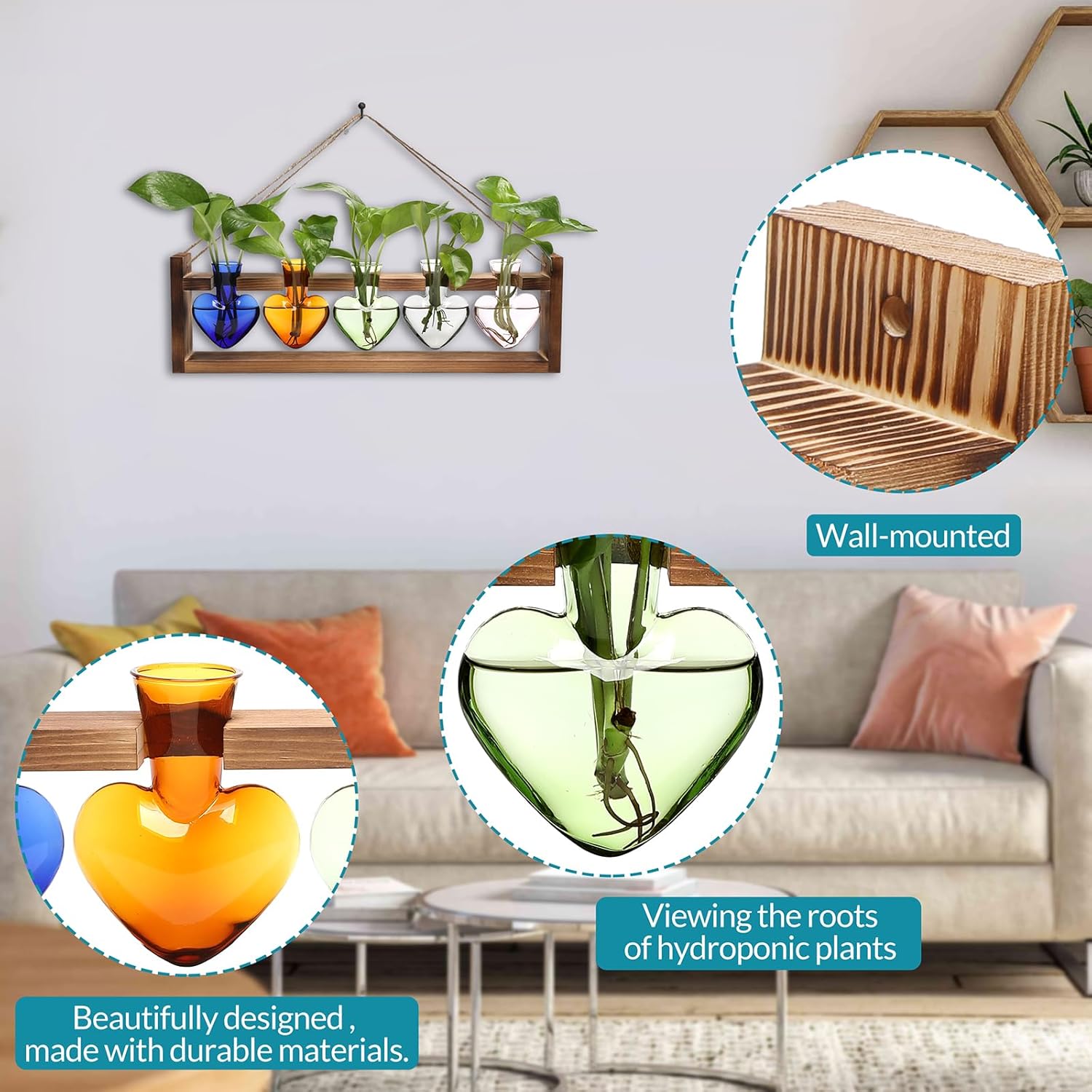 Plant Terrarium Hanging Propagation Stations Gift for Women Plant Lover air Plant Holder with Wooden Stand Heart Glass