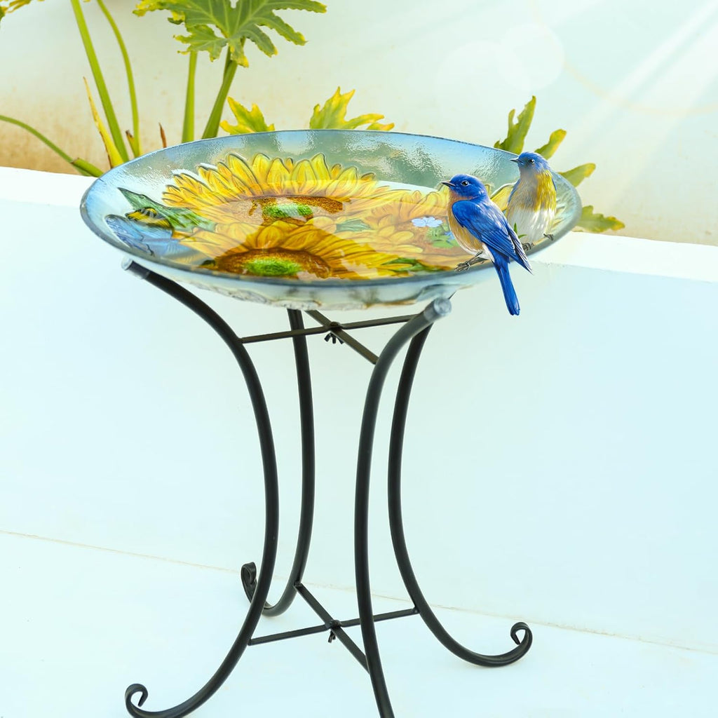 MUMTOP Outdoor Glass Birdbath with Metal Stand for Outside Lawn Yard Garden Sunflower Decor,18” Dia/21.65 Height