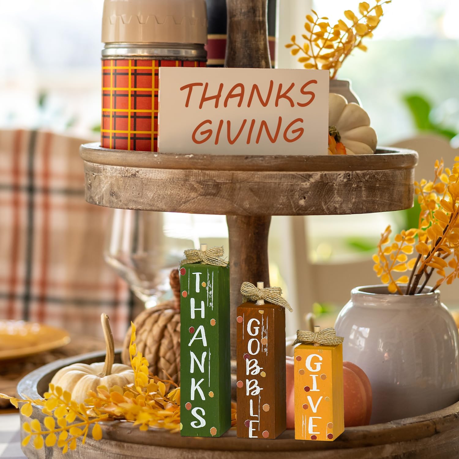Smile Thanksgiving Decor Indoor Wooden Sign, Give Thanks Gobble Decor for Rustic Farmhouse Home, Thanksgiving Table Tiered Tray Kitchen Decorations.