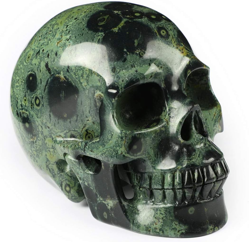Skullis 5.0" Kambaba Jasper Crystal Skull, Hand Carved Gemstone Fine Art Sculpture, Reiki Healing Stone Statue.