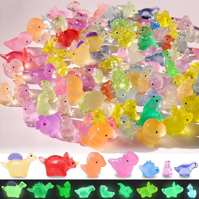 100PCS Luminous Mini Resin Dinosaur Glow in The Dark, 28 Styles Tiny Animals for Hide Garden Micro Landscape Dollhouse Decor Craft